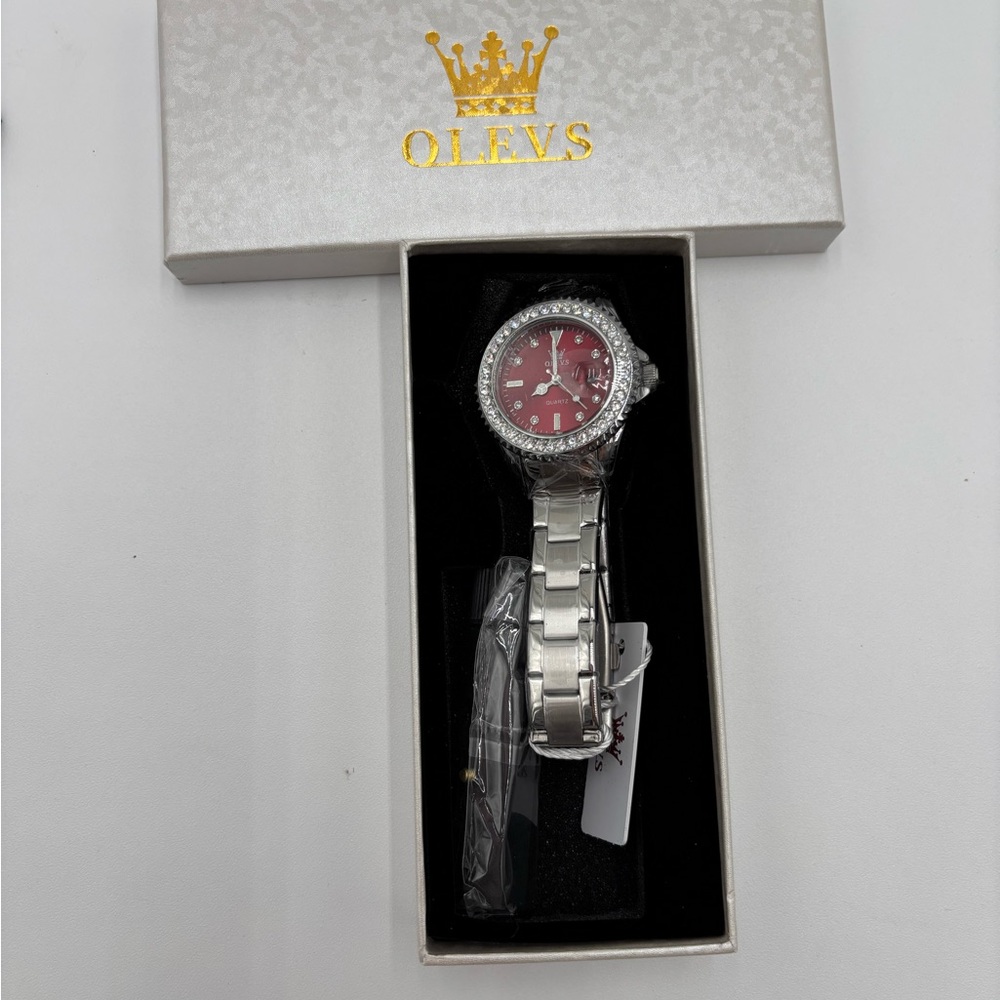 OLEVS Women's Luxury Watch Silver Red Dial Crystal Bezel Stainless